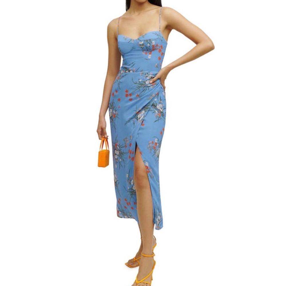 Reformation Kourtney Midi Dress Blue Floral Slit Sweetheart in Arles Size 12